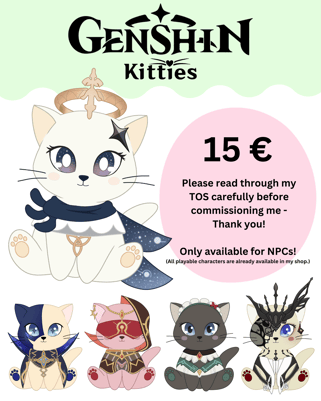 Example drawings of Genshin Impact characters as cute chibi cats