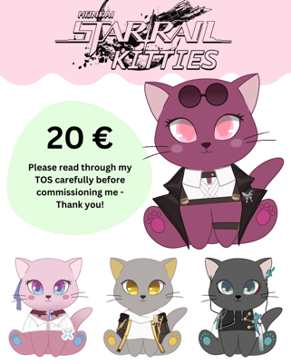 Example drawings of Honkai Star Rail (HSR) characters as cute chibi cats