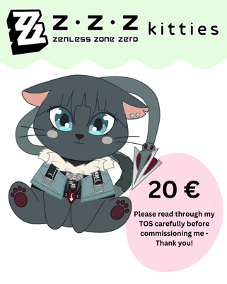 Example drawings of Zenless Zone Zero (ZZZ) characters as cute chibi cats