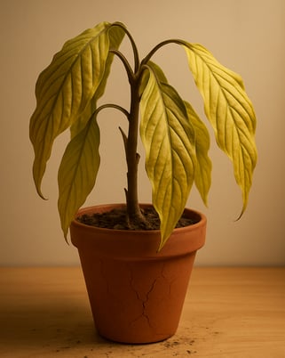 Wilted houseplant with yellow leaves in a cracked terracotta pot, showing signs of nutrient deficien