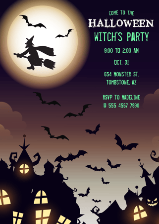a halloween themed halloween party invitation with a witch's house and bats