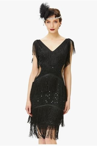 BABEYOND 1920s Black Flapper Dress V Neck Sequin Beaded Dress Roaring 20s Gatsby Fringe Party Dress