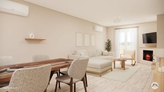 Salon moderne et minimaliste table epoxy meuble sur mesure cheminée