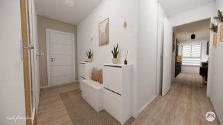 Entrée appartement avec meuble de rangement et décoration murale
