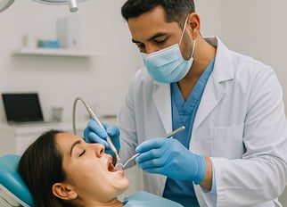 Odontólogo atendiendo a paciente mujer en clínica dental, seguro dental Infoseguros LLC