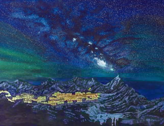 Watercolor and ink painting of a mountain village at night, with the Milky Way in the background