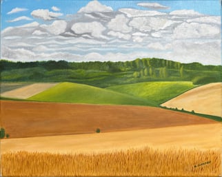a painting of a landscape with a tree and a sky background