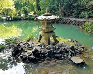 Oregon Coast -Coos Bay Mingus Park, Japanese pagoda in the pond