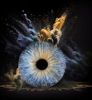 Tableau de photo d'iris d'un oeil bleu avec éclat poussière en pyramide