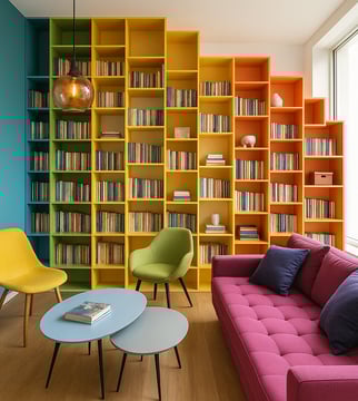 bibliothèque murale sur mesure extrêmement colorée et au design
