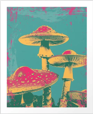 painting representing psychedelic mushrooms in shades of turquoise, yellow and pink