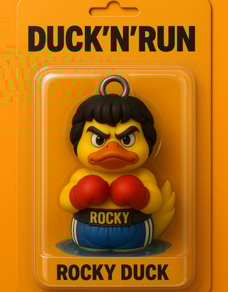 Rocky duck, a rubber duck toy with a ducky in a box