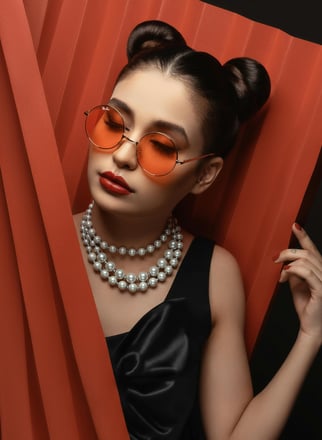 a woman wearing a pearl necklace and posing