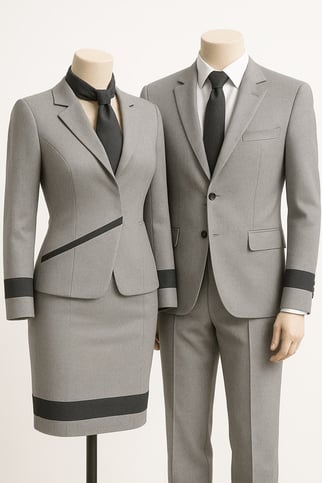 Dos maniquies, con trajes de auxiliar de vuelo, uno de hombre y otro de mujer. Trajes de chaqueta