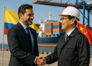 two men shaking hands in front of a large ship