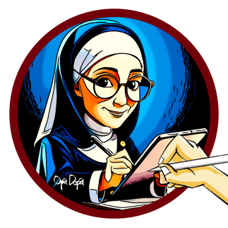 Catholic nun making notes in her Catholic Roads journal.