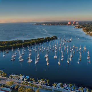 sunrise from The Ritz-Carlton Coconut Grove, Miami, sea and boats in the background 