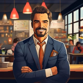 a man in a suit and tie is standing in front of a bar