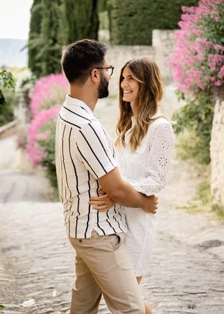 Smiling couple in a Provençal village alley with pink flowers — fine art editorial session