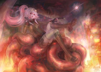 Stylised character illustration commission, streaming scene for streamer, vtuber, monster background