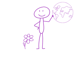 Male stick figure touching earth above him with a flower to his side.