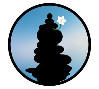unanomalize podcast brand icon in a black circle with blue sky, black stacked stone cairn, white orchid growing out of cairn