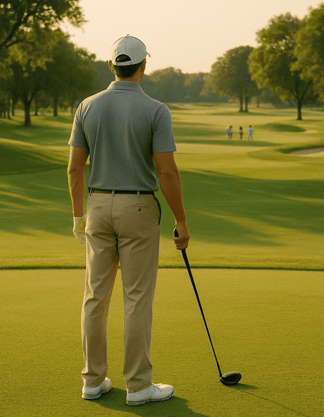 Lone golfer on tee box gazes at green course; distant group plays, showing solo vs. group contrast