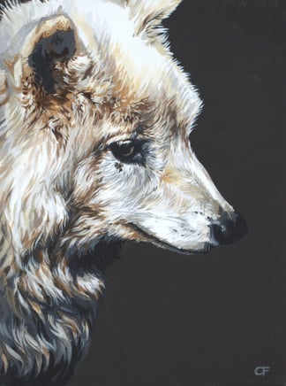 a painting of a white wolf in profile