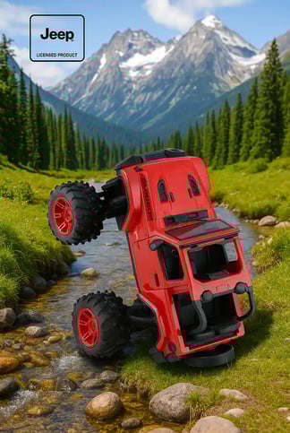 Jeep Rubicon parado de caballito sobre río 