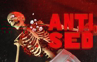 Esqueleto con flores saliendo de su pecho acompañado de la palabra anti sed
