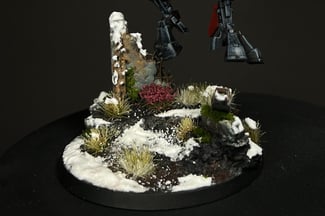 custom miniature base, winter effect with snow, plants, some ruins, stone, high quality comission