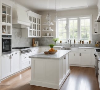 a kitchen with a bowl of fruit on the counter