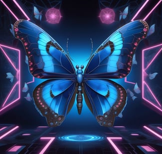 Blue Butterfly with symbols, lines and butterflies