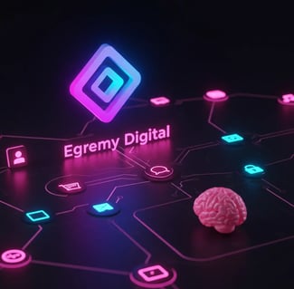 Logotipo Egremy Digital en neón sobre diagrama de red con iconos (usuario, carrito, candado) y cerebro 3D rosa, simboliza IA 