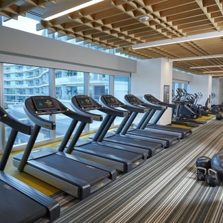 Gym with treadmills at the Seminole Hard Rock Hotel and Casino with a view through the window of the pool