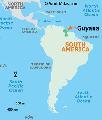 Map of South America, with a specific call out to Guyana