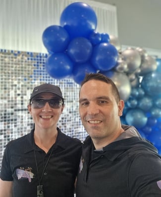 Selfies with Carly and Kahn from Sweetaz Co. in front of the silver shimmer wall for Bev's 70th birthday in Wynnum Golf Club.