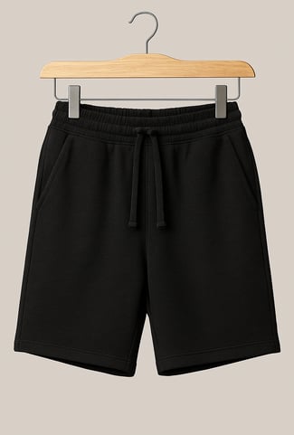 a black shorts with a wooden hanger and a hanger on a hanger