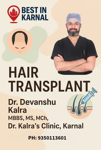 A Flyer showing Details of Dr. Devanshu Kalra, Expert Hair Transplant & Cosmetic Surgeon in Karnal