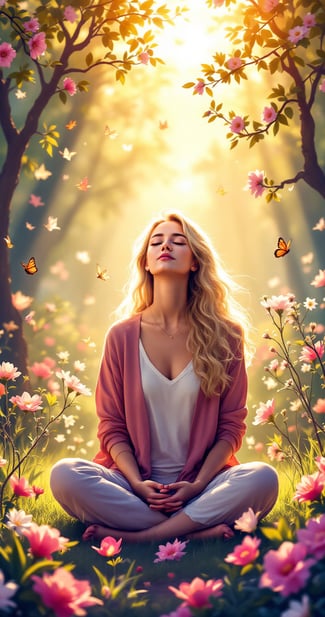 a woman sitting in a field with flowers and butterflies and praying