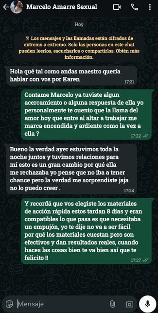 Testimonio vía WhatsApp de cliente satisfecho por los resultados obtenidos con un amarre de amo