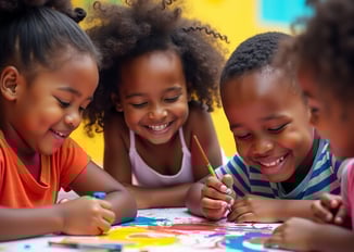 Un groupe d'enfants déssinent et peignent ensemble 