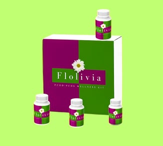 Flolivia PCOD/PCOS Wellness Kit with herbal supplement bottles displayed against a bright green back
