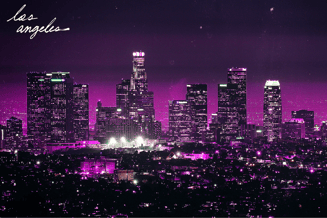 a city skyline with a purple sky
