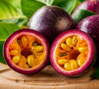 Passion fruits are shown on a wooden board