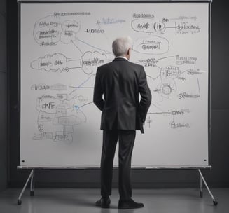 a man in a suit and tie is standing in front of a white board with