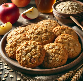 a plate of oatmeal cookies with apples and oats