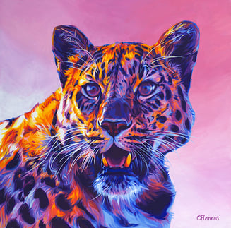 A painting of a pink hued leopard with golden highlights