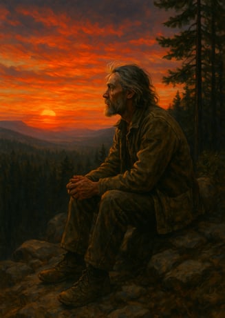 a painting of a man sitting on a rock