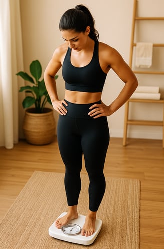 a woman standing on a scale with her hands on her hips